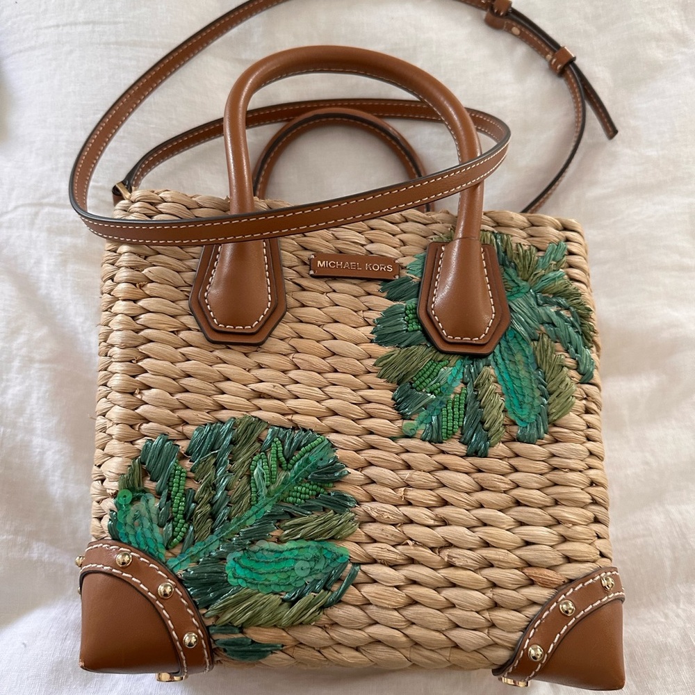 Michael Kors Tan and Green Mini Bag with Woven Design Malibu palm straw medium